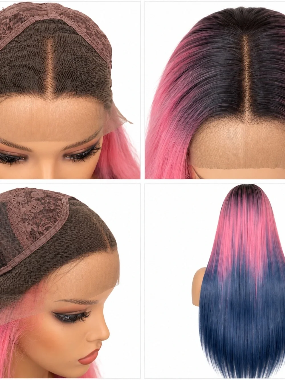 Long Straight Pink to Blue Ombre Wig - Sleek Women's Hair